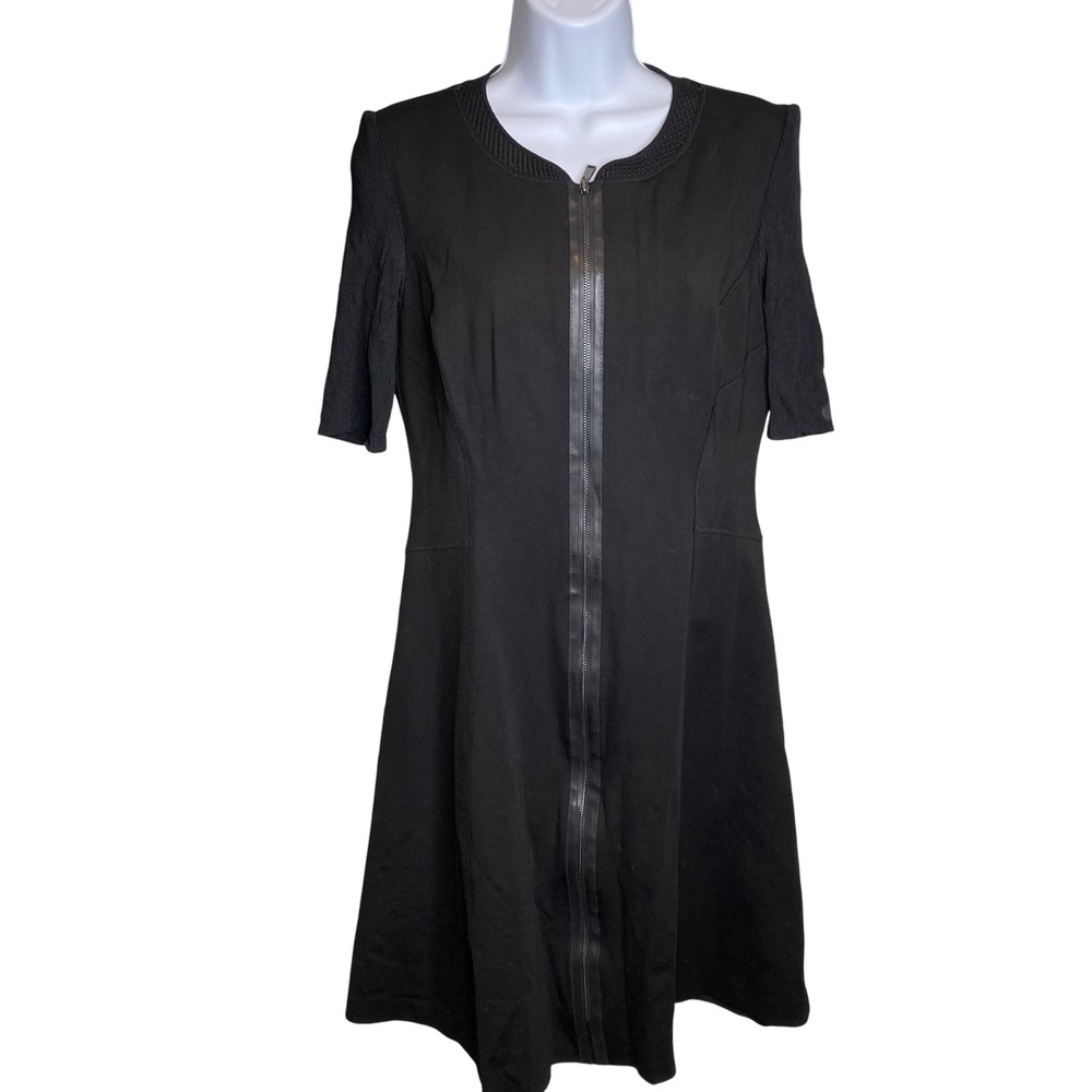 Elie Tahari Black Zip Front‎ Sheath Dress Textured Neckline Sz 6 Parisian Chic